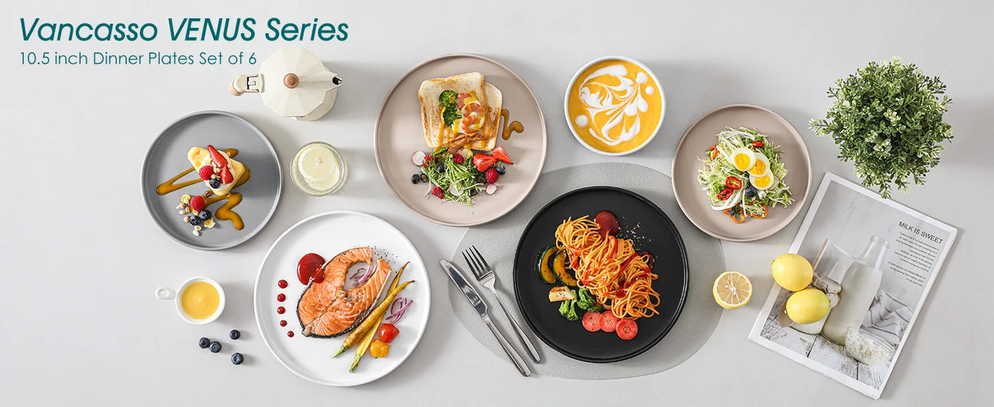 VANCASSO 6Piece Beige/WHITE/BLUE/Dark Blue/GREY/Black Stoneware Tableware Set with Dinner/Dessert Plate/Bowl For 6 Person.