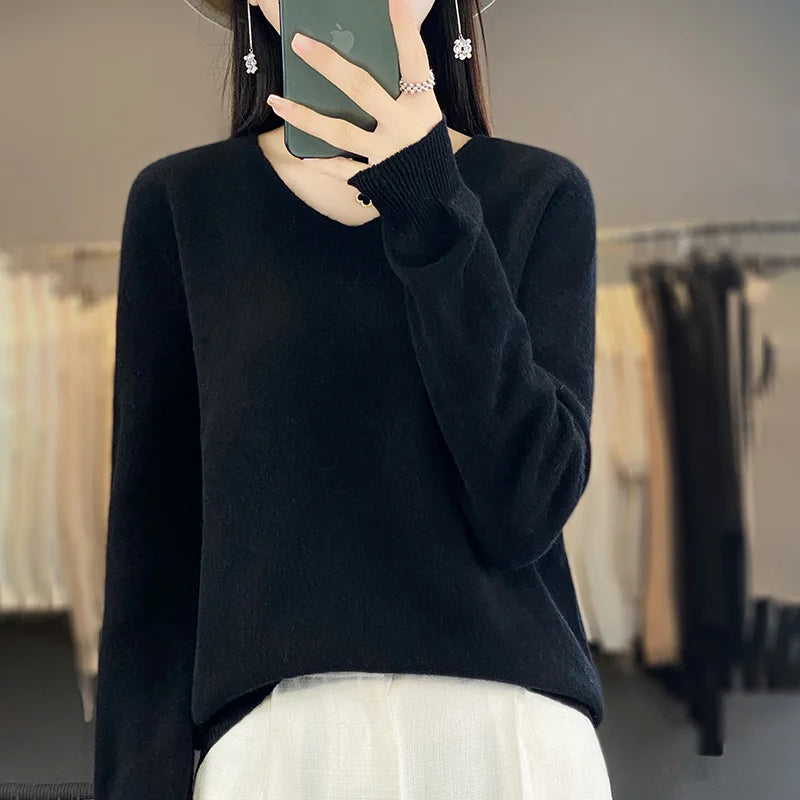 Women 100% Merino Wool Sweater V-Neck Basic Pullover Autumn Winter Cashmere Clothing Long Sleeve Soft Knitwear Tops Solid Color
