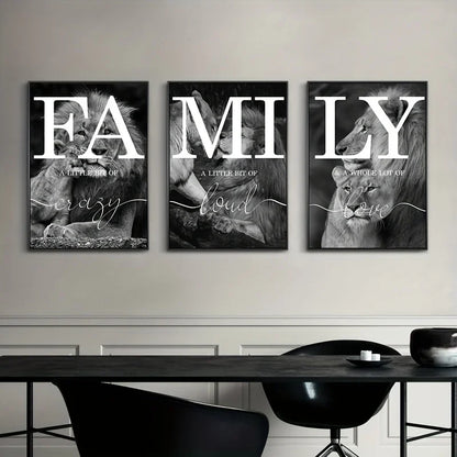 3pcs  Black And White Lion Family Quote Home Signs Canvas Paintings Animal Lion Wall Art Prints And Posters For Living Rooom.