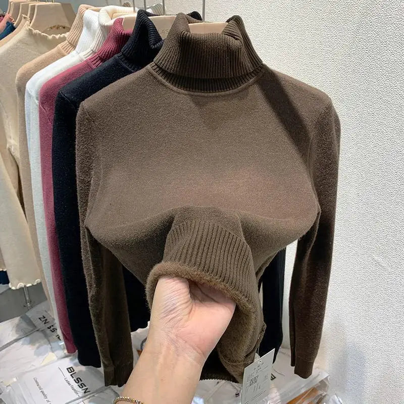 2025 neue Verdicken Hohe Kragen Pullover frauen Pullover Top Winter Warme und Weiche Einfarbig Inneren Tragen Bodenbildung Shirt
