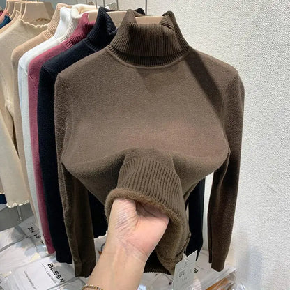 2025 neue Verdicken Hohe Kragen Pullover frauen Pullover Top Winter Warme und Weiche Einfarbig Inneren Tragen Bodenbildung Shirt