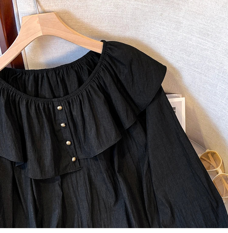 2025 French Large Size Long Sleeve O-neck Solid Color Loose Ruffle Shirt Ladies Spring Autumn Plus Size Blouses for Women