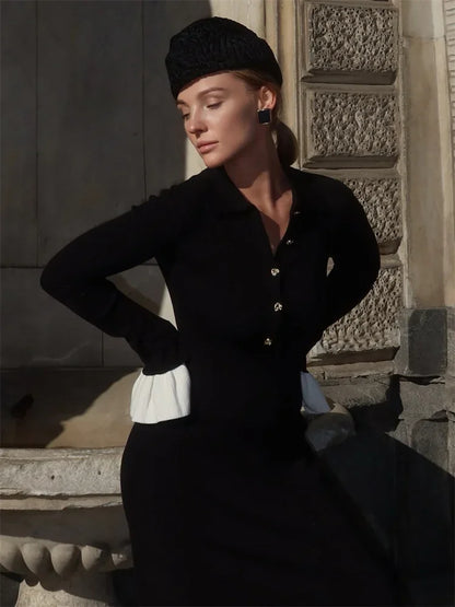 Tossy Weibliche Rüschen Strickwaren Langes Kleid Mode Patchwork Schlank Kontrast Revers Casual Party Kleid Kleid frauen Stricken Maxi Kleid.