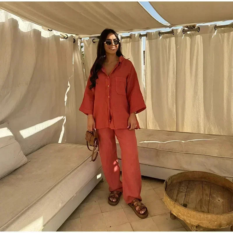 Women Vintage Solid Loose Pants Suit Lapel Single Breasted Long Sleeve Shirt Wide Leg Pants 2 Pcs Set 2025 New Ladies Streetwear.