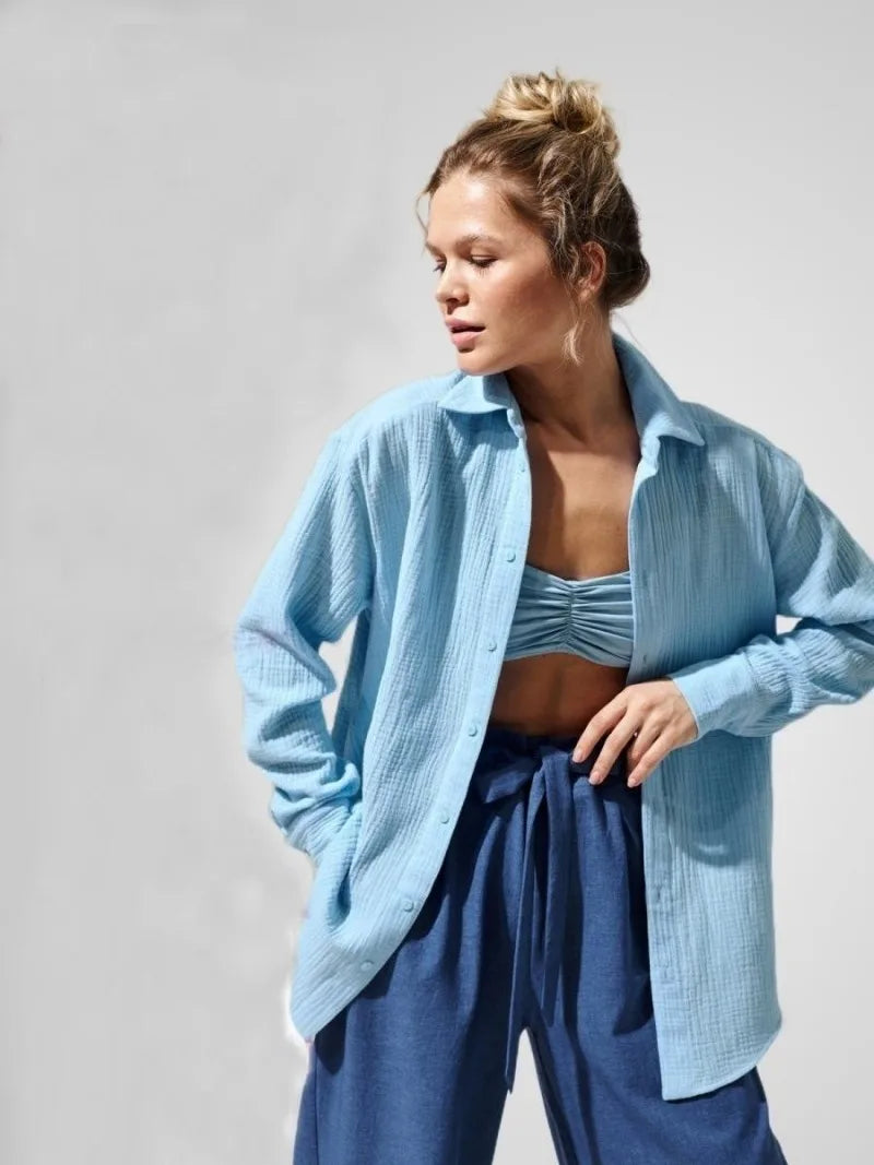 Muslin 100% Cotton Gauze Crepe For Women Shirts Blouse Turn Down Long Sleeve Single-Breasted Office Lady Loose Top Blusas Mujer.