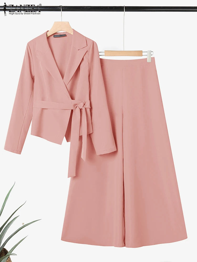 ZANZEA Elegant 2 Pieces Pant Sets Long Sleeve Belted Lightweight Blazer & Wide Leg Pant 2pcs Suits Office Lady Commuting Sets.