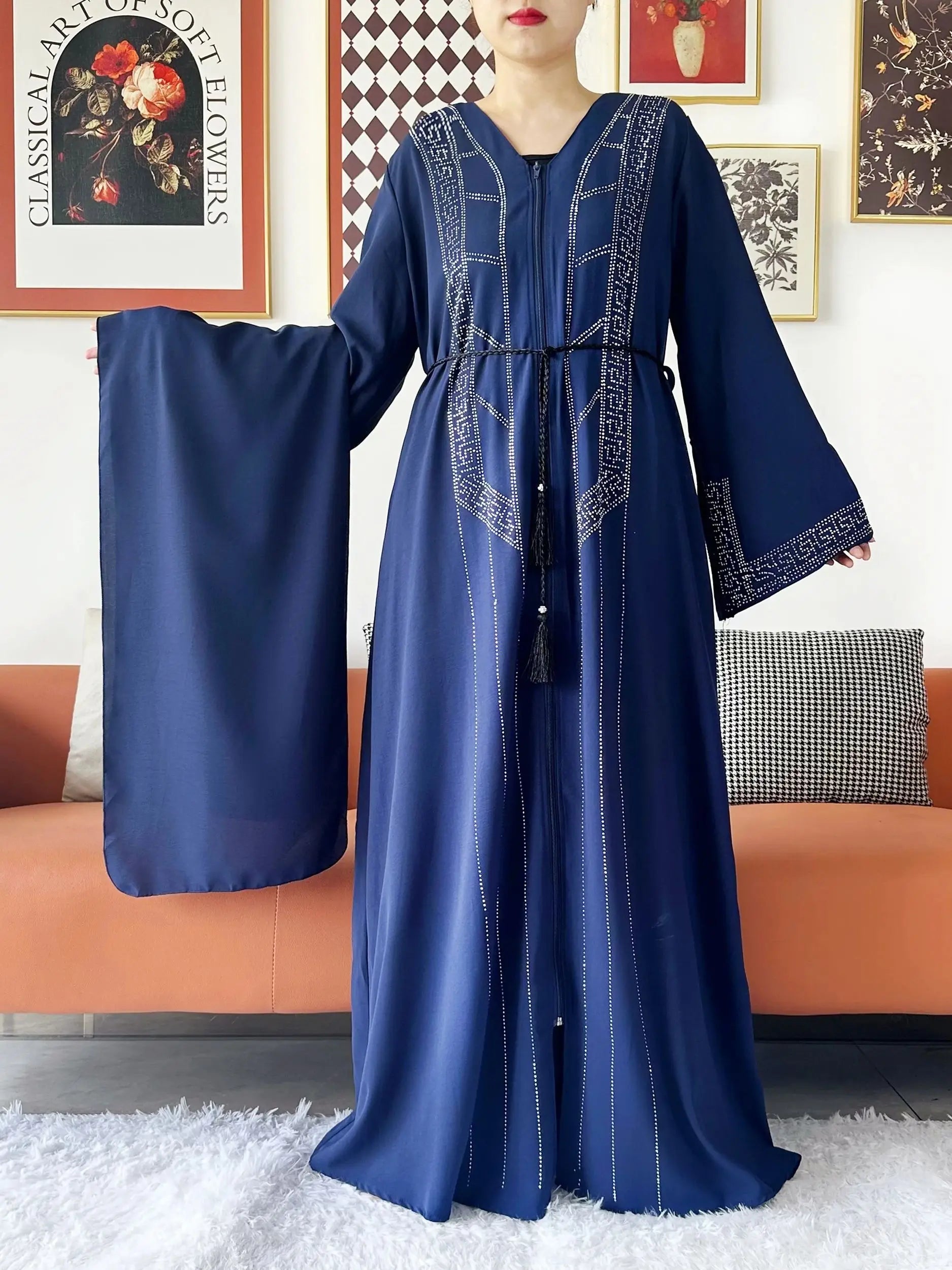 New Women Elegant Dress Chiffon Open Abaya with Zipper Muslim Women Dress Islamic Clothing Cardigan Abaya Women Muslim Dress.