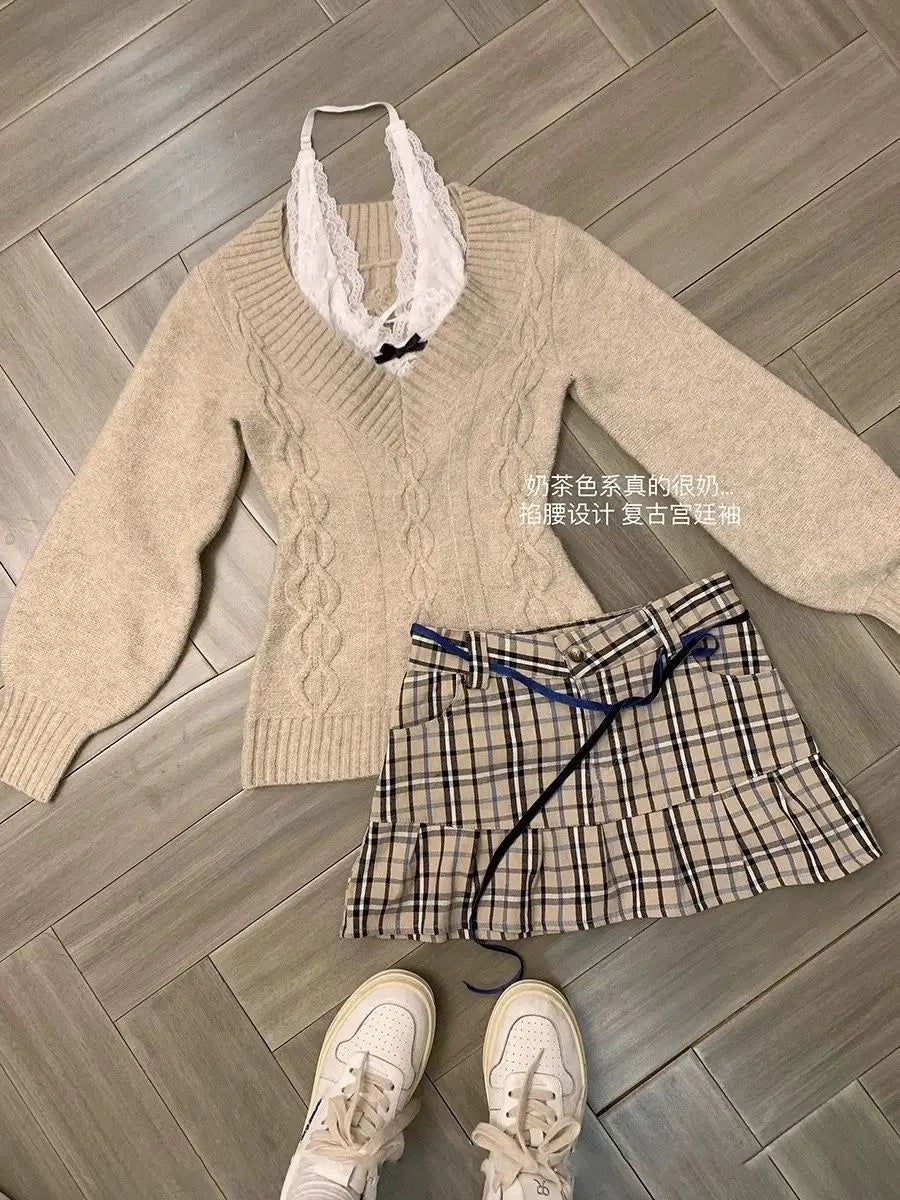 Chic Gothic Slim Sexy Strickpullover Soft Kint Pullover Langarm Skinny Tops Y2k Design Streetwear V-Ausschnitt Fairy Grunge.