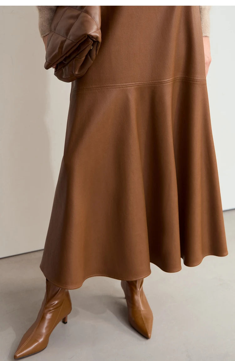 AMII Minimalist Elegant Commuter Environmentally Friendly PU Leather Skirt 2024 Winter New Women's Loose A-shaped Skirt 12444181