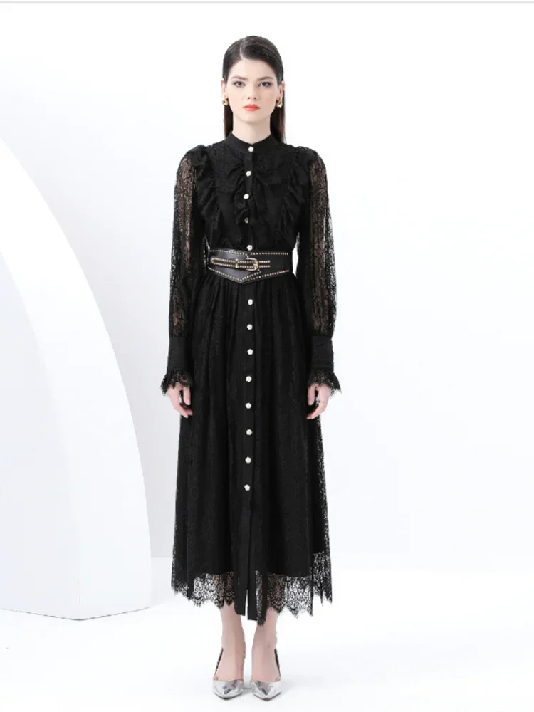 Neue Frühling Herbst Spitze Kleid für Frauen Weiß Schwarz Elegante Taille Langarm Stil Geburtstag Party Kleid Weibliche C186.