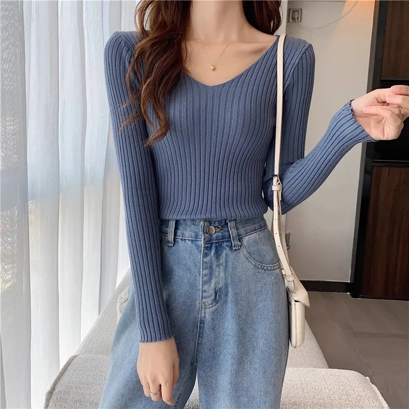 2025 einfarbig Schlank Pullover Koreanische Herbst Winter V-ausschnitt Pullover Mode Lässig Langarm Gestrickte Pullover Frauen Kleidung.