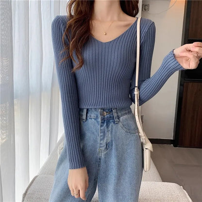 2025 einfarbig Schlank Pullover Koreanische Herbst Winter V-ausschnitt Pullover Mode Lässig Langarm Gestrickte Pullover Frauen Kleidung.
