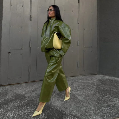 Stylish Leather Solid Jacket Pants Set Women Stand Collar Zipper Coat Loose Trousers Sets Female 2025 Autumn Fashion Streetwears