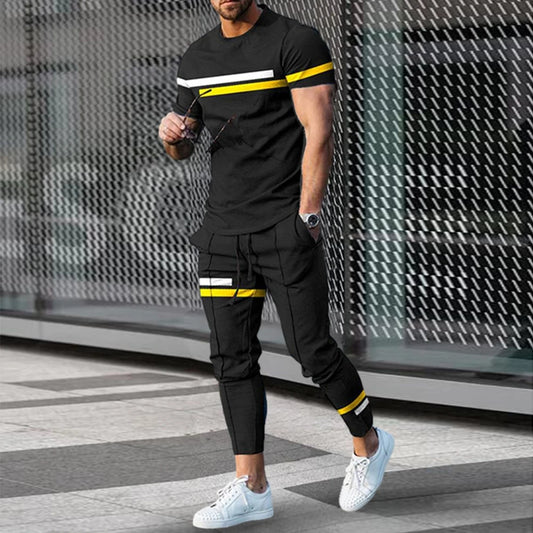 Men's T-Shirt Tracksuit 2 Piece Set Short Sleeve Sportswear Suits Fashion Men's Clothing Trousers Casual O-Neck Tops Pants Suits.