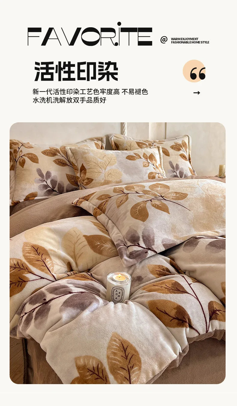 2025 new light luxury style high gram milk fleece 1.5m/1.8m bed four-piece printing warm bed sheet quilt cover.