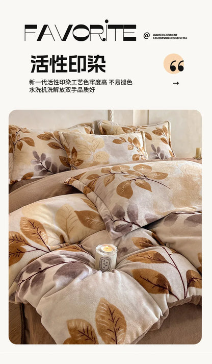 2025 new light luxury style high gram milk fleece 1.5m/1.8m bed four-piece printing warm bed sheet quilt cover.