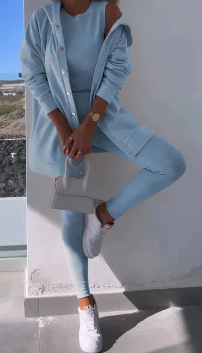 Women 3pcs Clothes Set Solid Color Sports Singel Breasted Shirt Jacket & Sleeveless Cami Tank Top & Slim Skinny Pants.