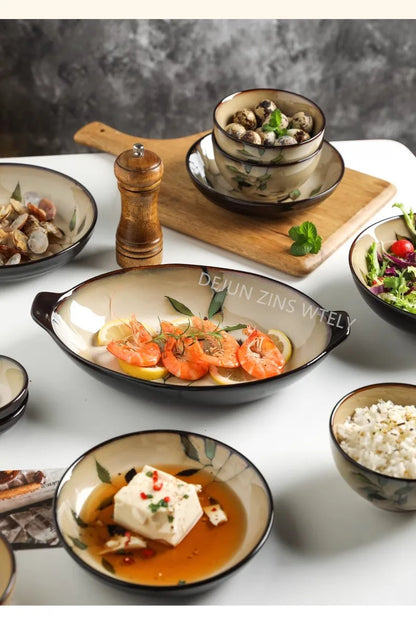 1Pc Vintage Bamboo Leaf Ceramic Bowl Salad Plate Exquisite Ceramic Cutlery Household Noodle Bowl Western Steak Cake Sushi Plate.