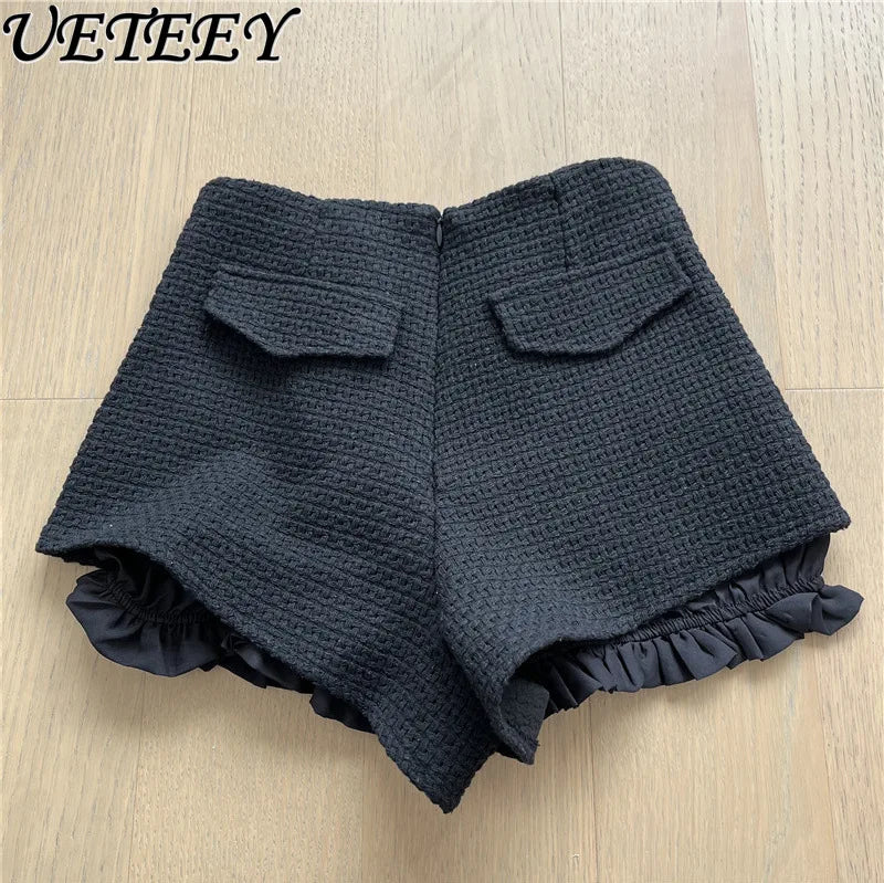 Autumn Winter New Woven Tweed Fungus Edge Buckle Shorts Femininity Versatile High Waist Pure Desire Wind Boots Short Pants.