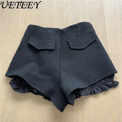 Autumn Winter New Woven Tweed Fungus Edge Buckle Shorts Femininity Versatile High Waist Pure Desire Wind Boots Short Pants.