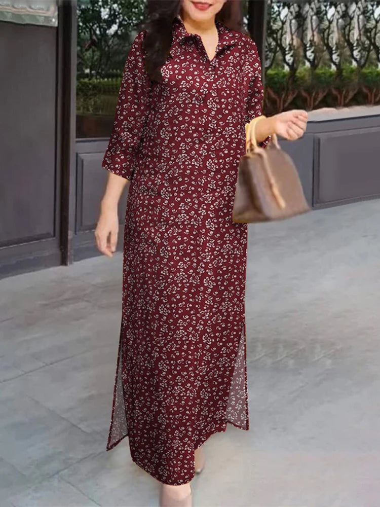 ZANZEA Women 3/4 Sleeve Long Dresses Fall 2024 Fashion Lapel Neck Cotton Shirtdress Vintage Floral Print Maxi Shirt Dress New In.