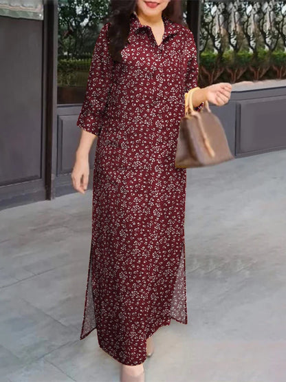 ZANZEA Women 3/4 Sleeve Long Dresses Fall 2024 Fashion Lapel Neck Cotton Shirtdress Vintage Floral Print Maxi Shirt Dress New In.