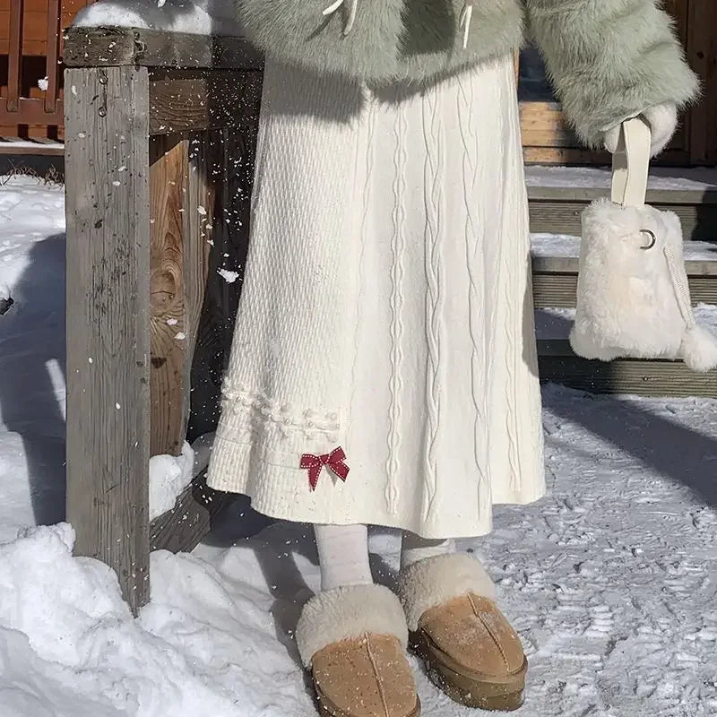 Clothes for Women Autumn Winter Japanese Style Kawaii Sweet Chic Knitted Skirts Female High Waist Solid Loose A-line Midi Skirt.