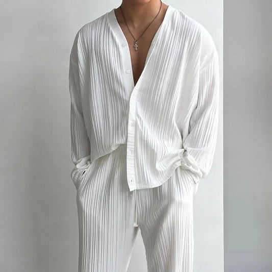 Thin Solid Color Sexy Deep V Cardigan Knitted Sweater Shirt Casual Fashion Suit Two-piece Sets for Men.