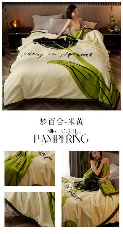Double Sided Printed Autumn Winter Blankets for Bed Soft Warm Encrypted Flocking Raschel Blanket Skin Friendly Weighted Blanket