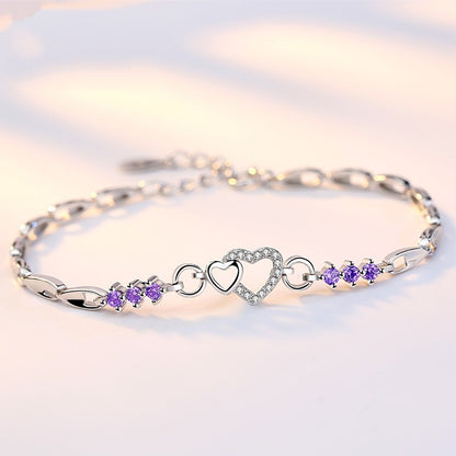 New 925 Sterling Silver Bracelet Purple Crystal Zircon Heart For Woman Charm Bracelet Jewelry Gift.