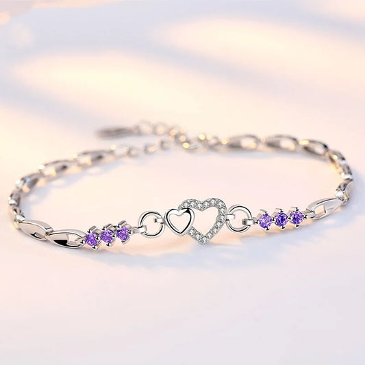 New 925 Sterling Silver Bracelet Purple Crystal Zircon Heart For Woman Charm Bracelet Jewelry Gift.
