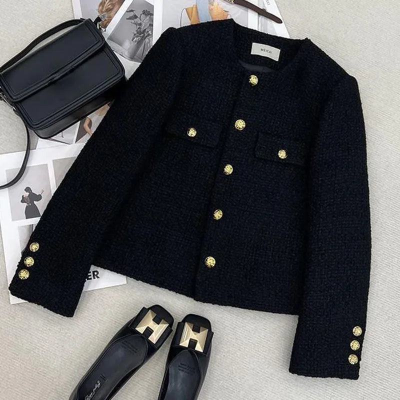 Schwarz Tweed Jacken Frauen Koreanische Mode Metall Schnalle Design Kurze Mäntel Frau Herbst Winter Einreiher Oansatz Oberbekleidung.
