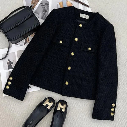 Schwarz Tweed Jacken Frauen Koreanische Mode Metall Schnalle Design Kurze Mäntel Frau Herbst Winter Einreiher Oansatz Oberbekleidung.