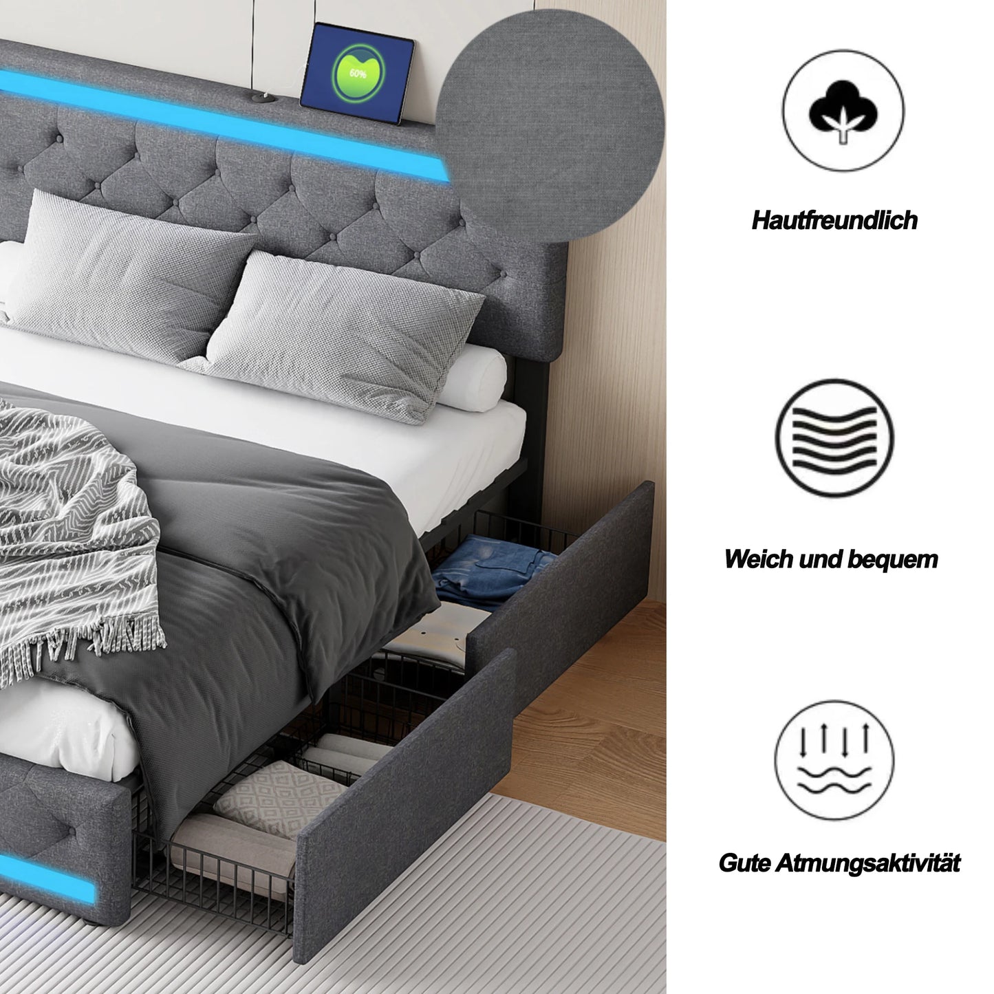Comanlai 140 x 200 cm/160 x 200 cm/180 x 200 cm Doppelbett mit LED-Licht und 4 Schubladen, gepolstertes Bett mit USB-Ladeanschluss, Leinen