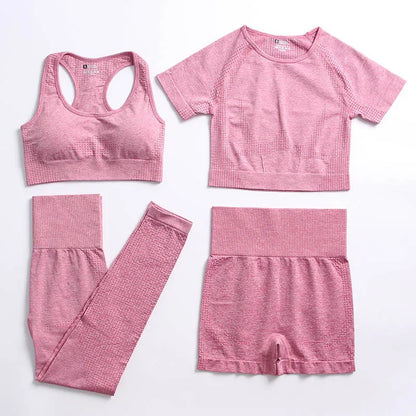 2/4PCS Summer Seamless Yoga Set Women Workout Clothes Sports Bra Short Sleeve Crop Top High Waist Legging Fitness Sports Suits