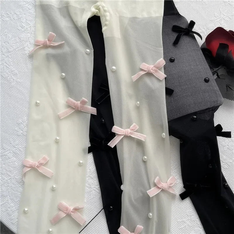 Sweet Pure Desire Butterfly Knot Stockings Pearl Pantyhose Women's Ultra Thin Any Cut Anti Snag Long Tube Socks