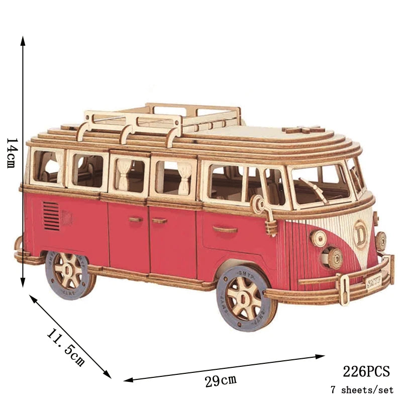 Retro Bus European-style Campervan 3D Wooden Car Puzzle DIY Sailing Ship Airplane Building House Model Jigsaw Toys For Children.