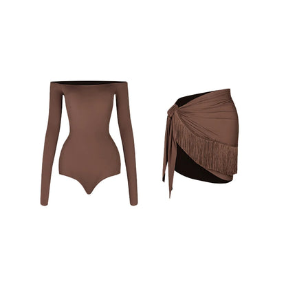 ZYM Off Shoulder Latin Dance Dress Women Long Sleeves Fringe Dress Adult Rumba Dance Practice Wear Performance Clothing DNV22221