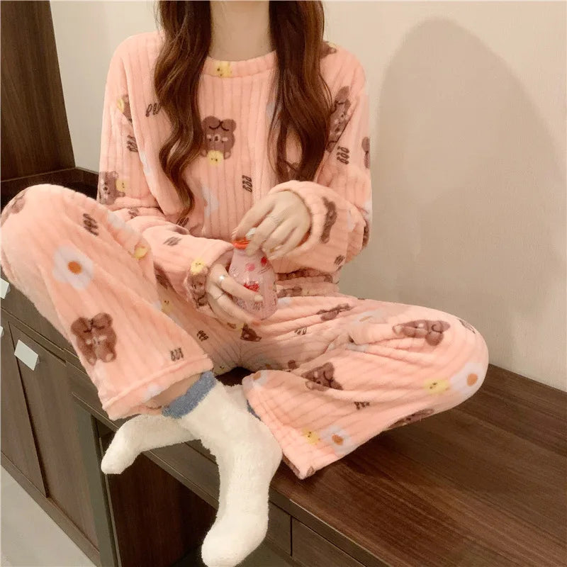 Winter-Damen-Pyjama-Homewear-Anzug, neues warmes Set aus Korallen-Fleece für Herbst und Winter, bequemer warmer Pyjama-Homewear-Anzug