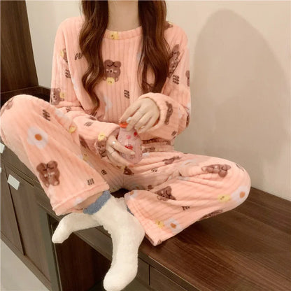 Winter-Damen-Pyjama-Homewear-Anzug, neues warmes Set aus Korallen-Fleece für Herbst und Winter, bequemer warmer Pyjama-Homewear-Anzug