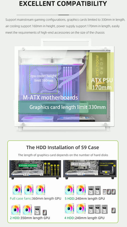 METALFISH S9 MATX Computer Case Gaming PC Chassis Support MATX/ITX/ATX PSU/240 Liquid Cooler/360mm GPU.