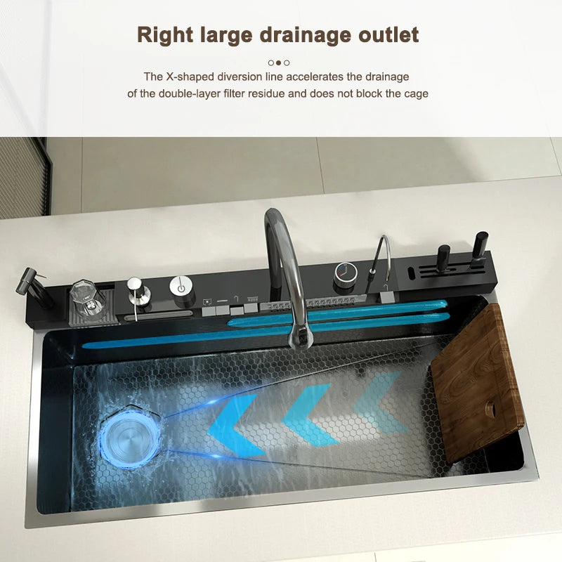 Goldene Küchenspüle aus Edelstahl, multifunktionale Wasserfall-Auslass, Einzelschlitz, Klavierknopf, Digitalanzeige