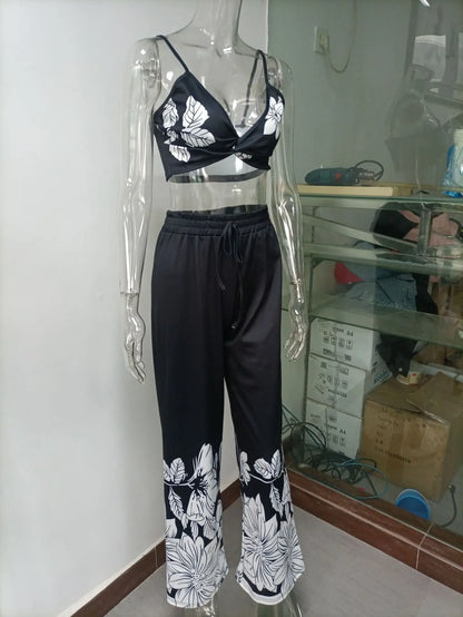 Sexy Two Piece Set Women Outfit 2025 Summer Butterfly Print V-Neck Cropped Top High Waist Drawstring Casual Wide Leg Pants Sets.