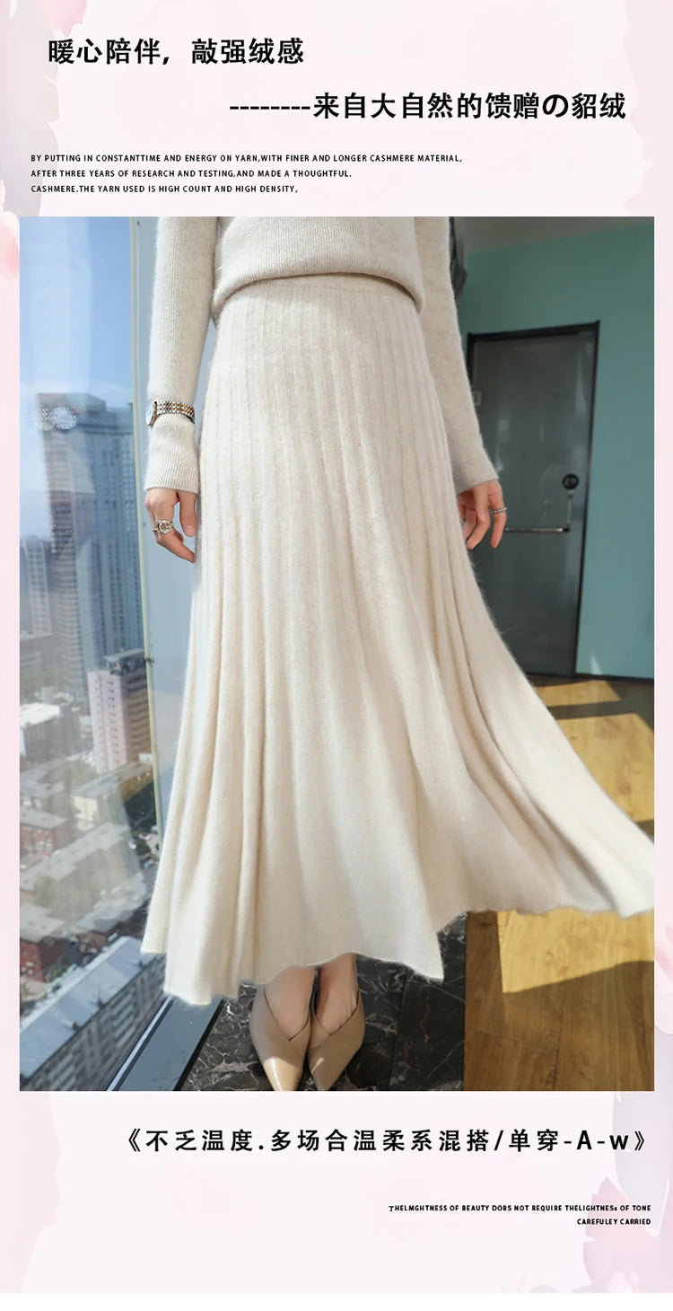 mink cashmere skirt Fashion long dress women A-line skirt autumn winter loose pleated skirt elegant high-waisted skirt ladies.