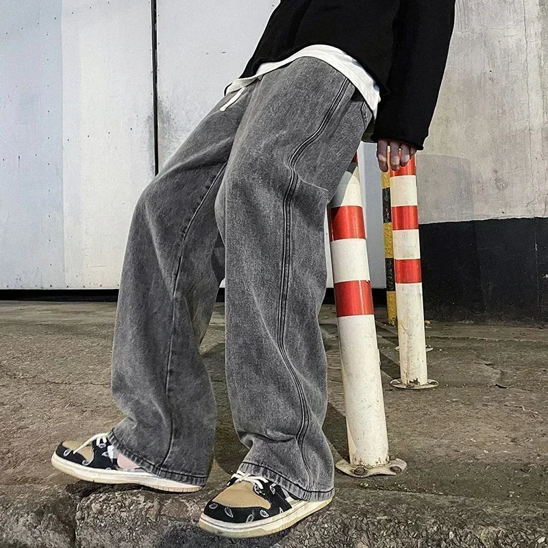 2024 New Streetwear Loose Jeans Men Korean Style Fashion Loose Straight Wide Leg Pants Men's Brand Clothing Black Light Blue.