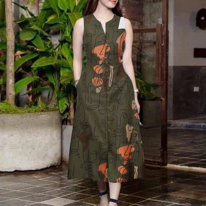 ZANZEA Elegante Damen-Midikleider, Sommer, ärmellos, Party-Sommerkleid, stilvoll, V-Ausschnitt, Urlaub, Arbeit, Vestidos, bedruckt, A-Linien-Kleid.