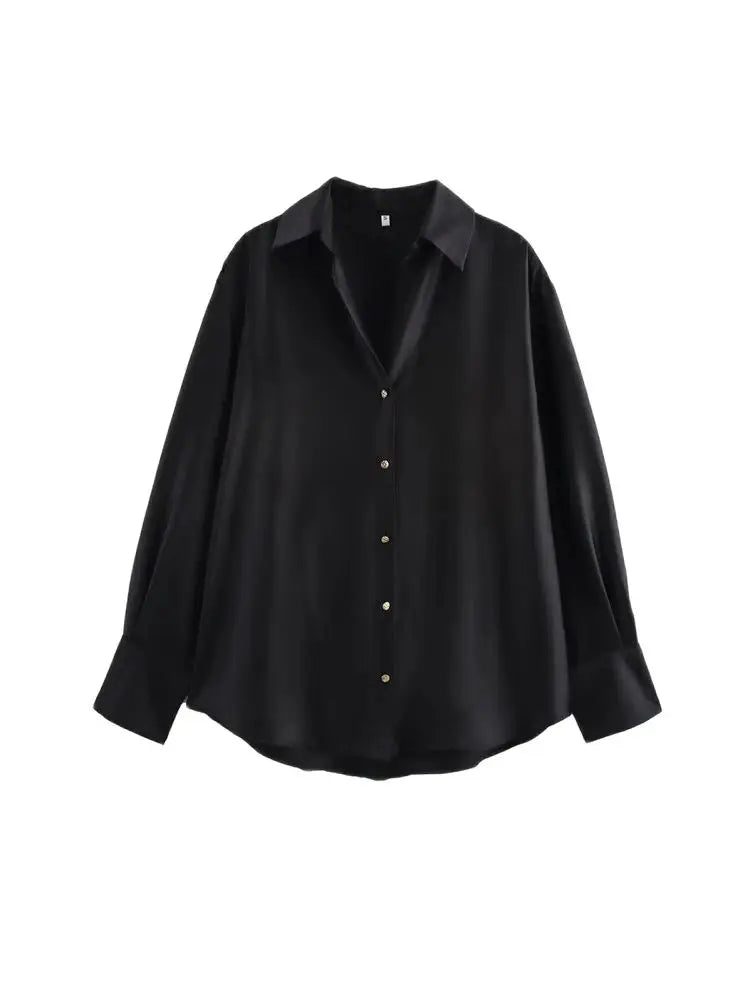 Women's Chic Lapel Collar Blouse Long Sleeve Button-Up Fashion Flowing Top Elegant Female Shirt Office.