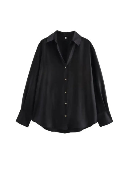 Women's Chic Lapel Collar Blouse Long Sleeve Button-Up Fashion Flowing Top Elegant Female Shirt Office.