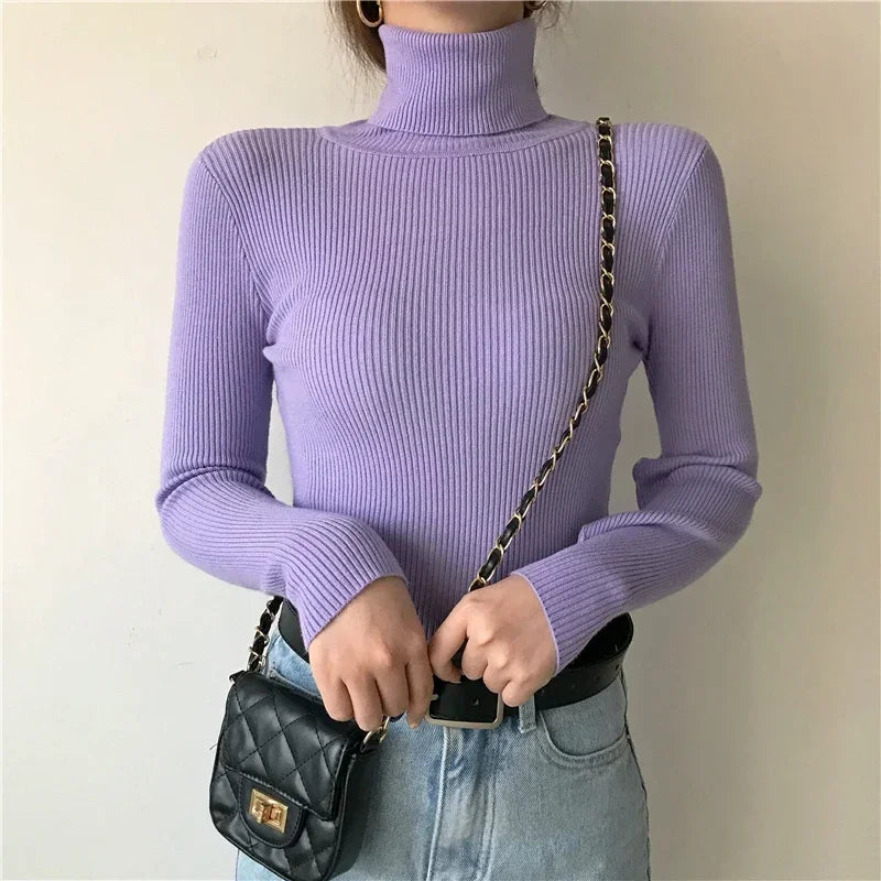 Frauen einfarbig lange Ärmel Roll kragen pullover Strick pullover grundlegende weiche Pullover einfache elegante Mode neu