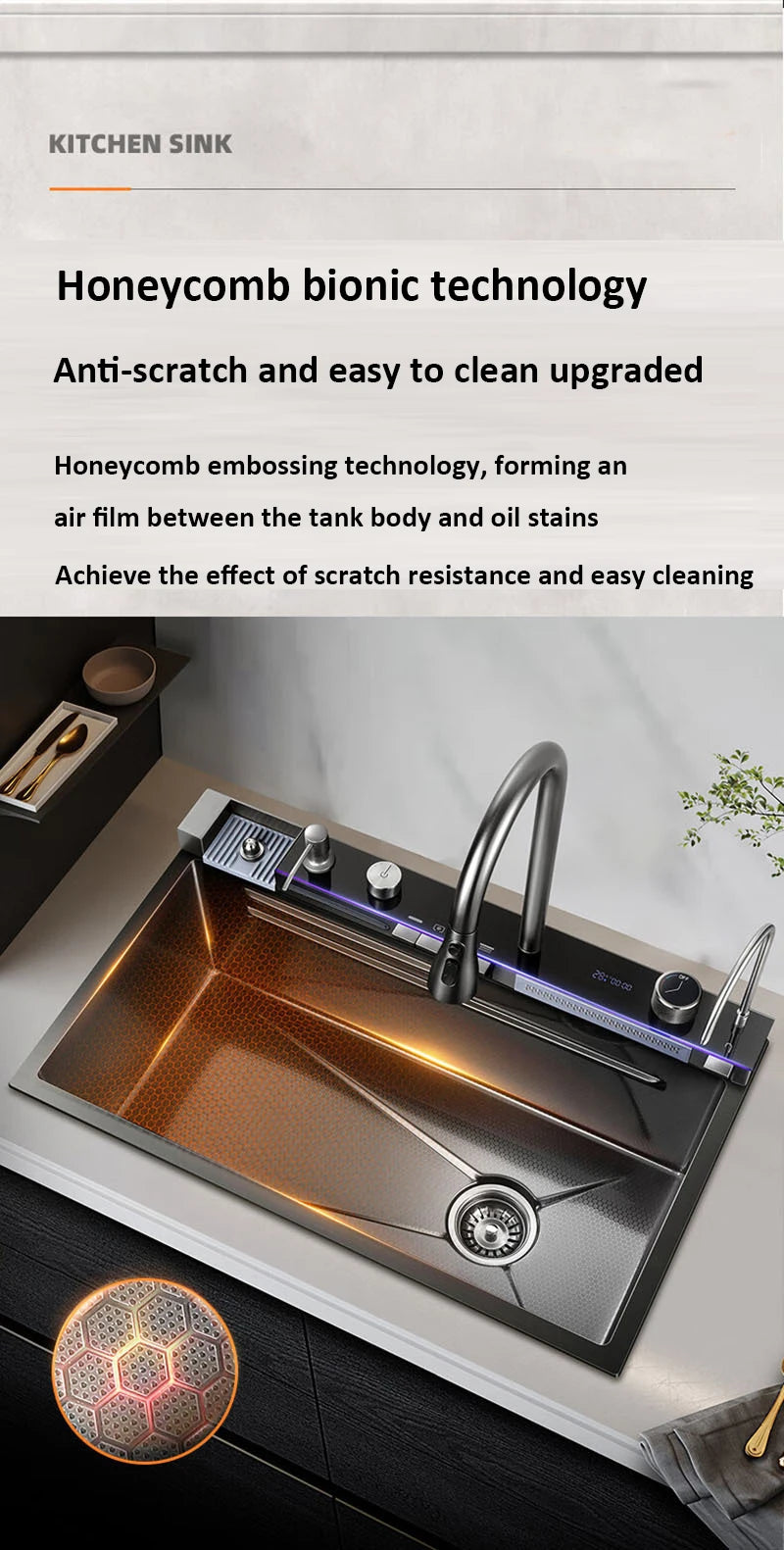Kitchen Basin Stainless Steel Waterfall Sink Large Single Slot Integrated Digital Display Faucet Set Soap Dispenser Cup Washer